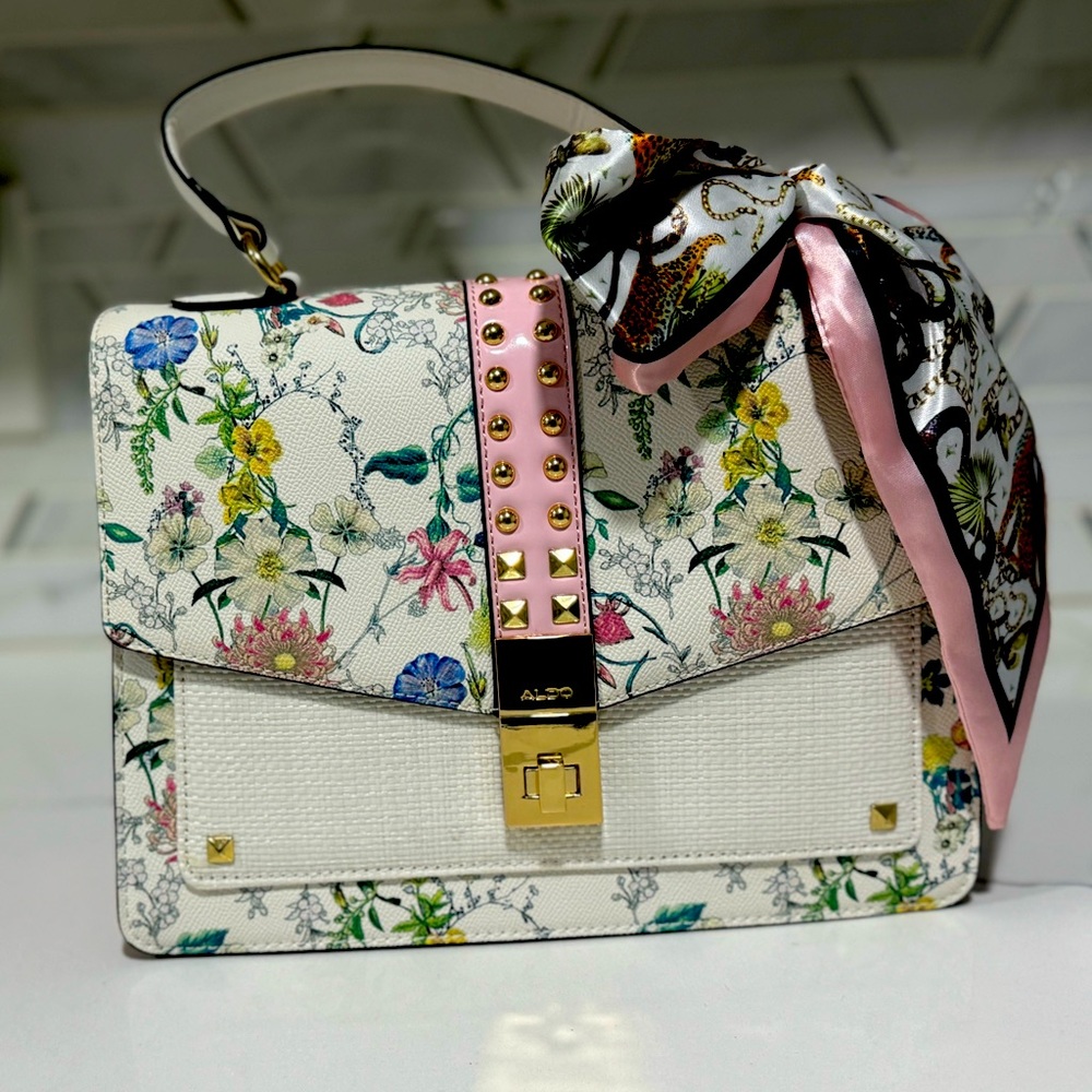 Aldo Purse Crossbody Handbag Pink Floral with Satin Bow Gold Buckle